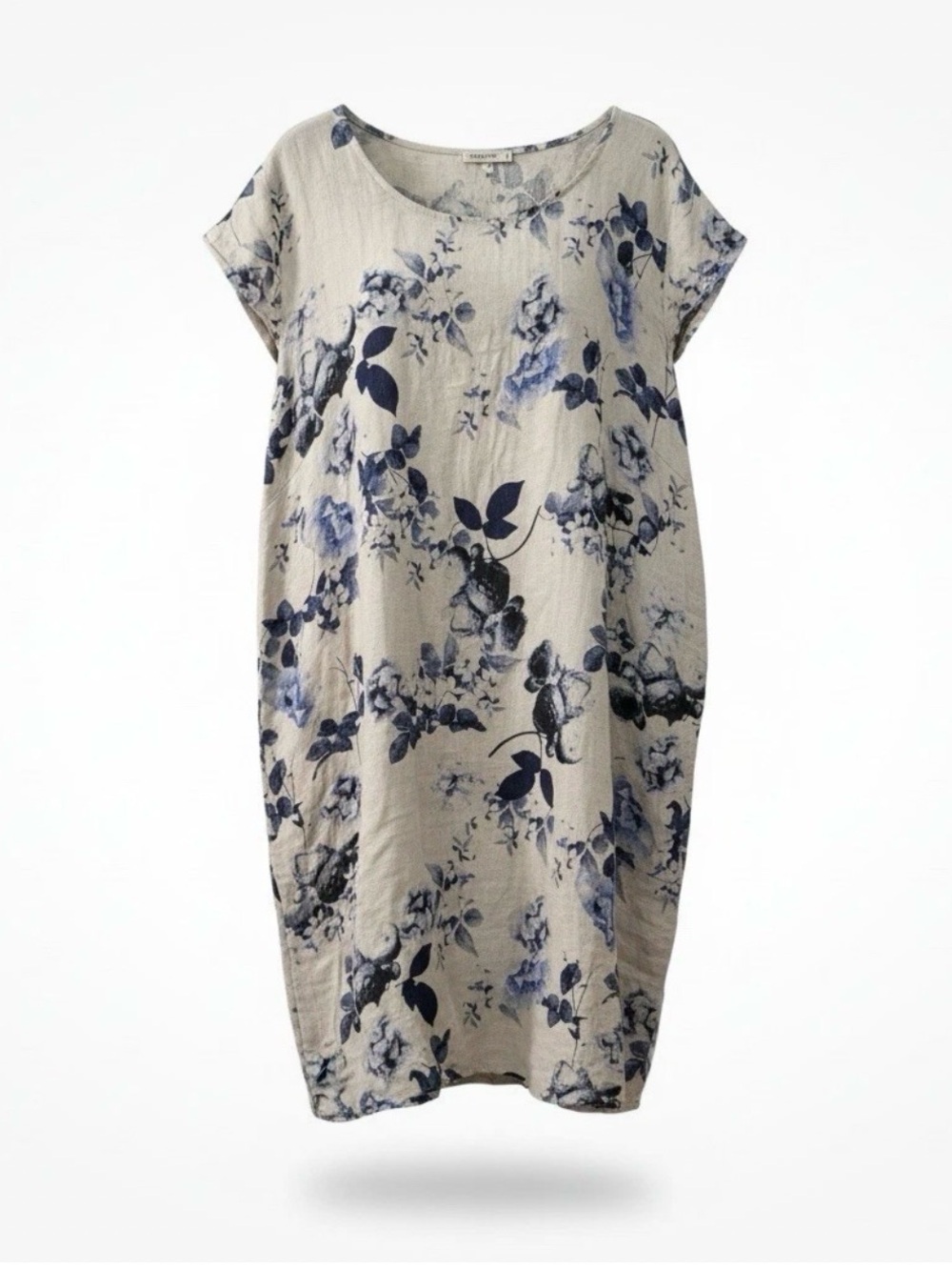 Lungo L'Arno Italy 100% Linen Dress 2X Natural Blue Floral Lagenlook Cottagecore